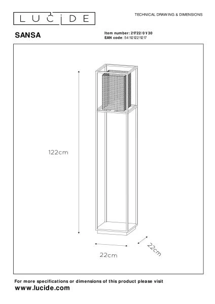 Lucide SANSA - Lampadaire - 1xE27 - Noir - TECHNISCH